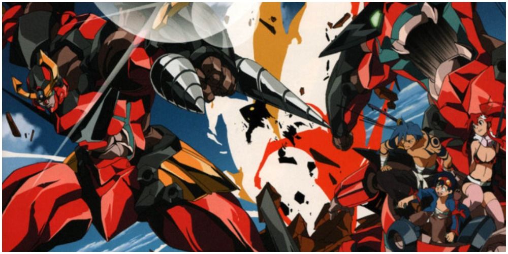 A massive mecha battle with two red mechs.