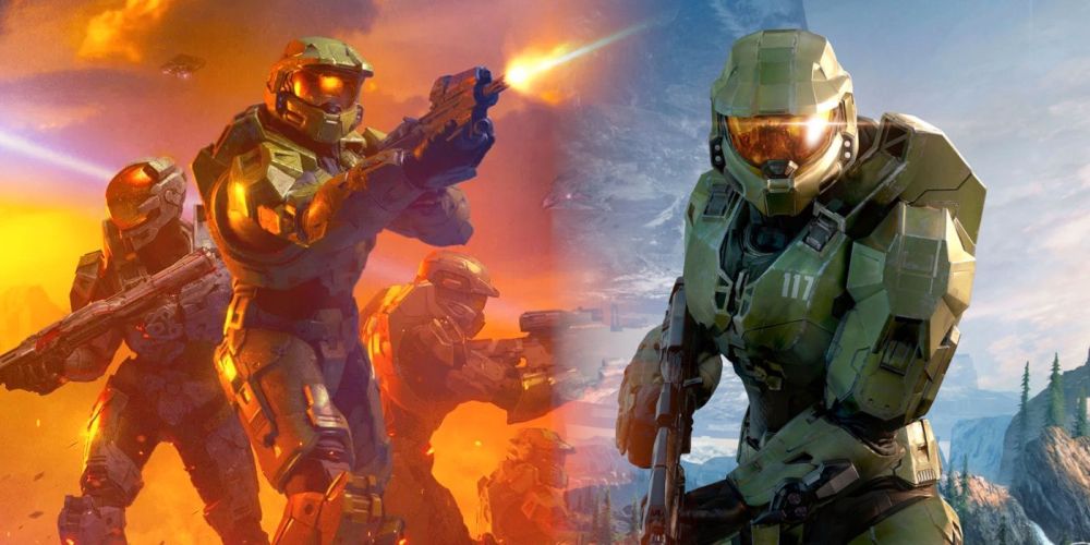 Master Chief fires his weapon with Blue Team at his back