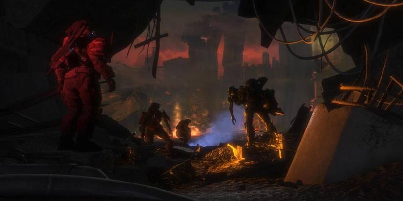 Noble team overlooking destroyed New Alexandria