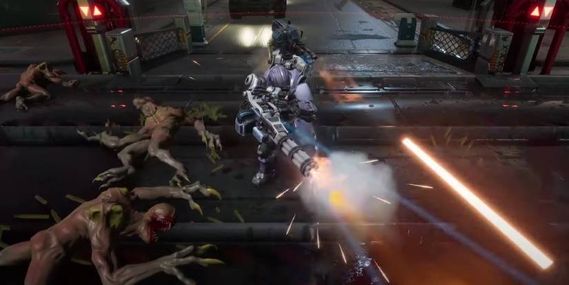 firing a shoulder turret into a mutant crowd