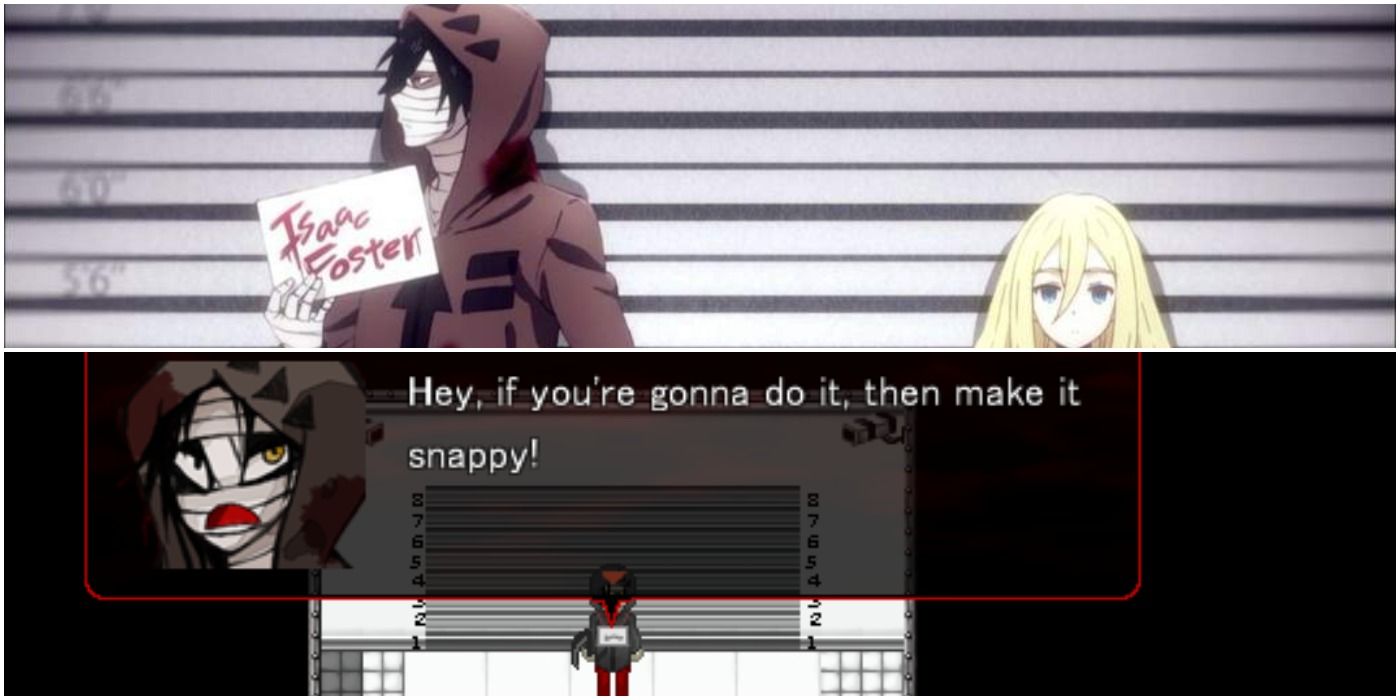 Isaac Foster getting his mugshot taken Angels of Death game vs anime