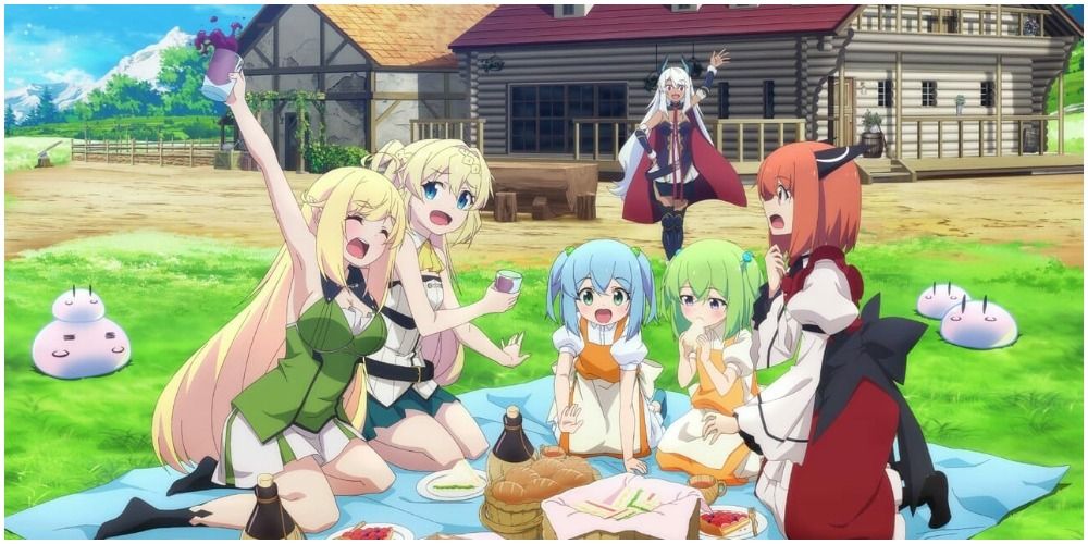 A group of girls having a picnic in a fantasy world.