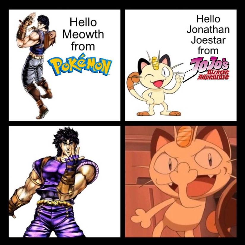 Jojo's Bizarre Adventure And Pokemon Jonathan Joestar And Meowth Jojo Pose Meme