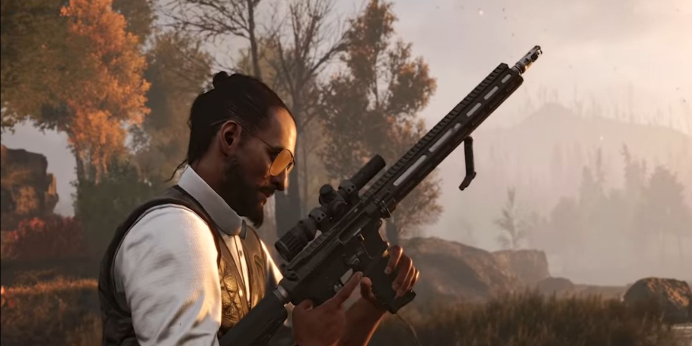 Joseph Seed reloading a gun as he advances on someone or something