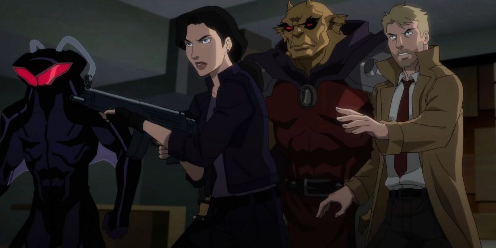 Black Manta, Lois Lane, Etrigan and John Constantine Looking Off Screen Ready To Battle In Justice League Dark: Apokolips War