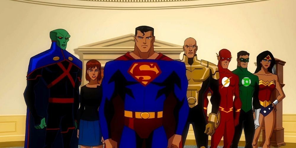 Martian Manhunter, Rose Superman, Lex Luthor, Flash, Green Lantern and Wonder Woman Standing Together In Justice League: Crisis On Two Earths