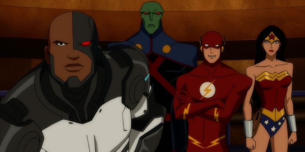 Cyborg, Martian Manhunter, Flash and Wonder Woman Standing Together Looking Off Screen In Justice League: Doom