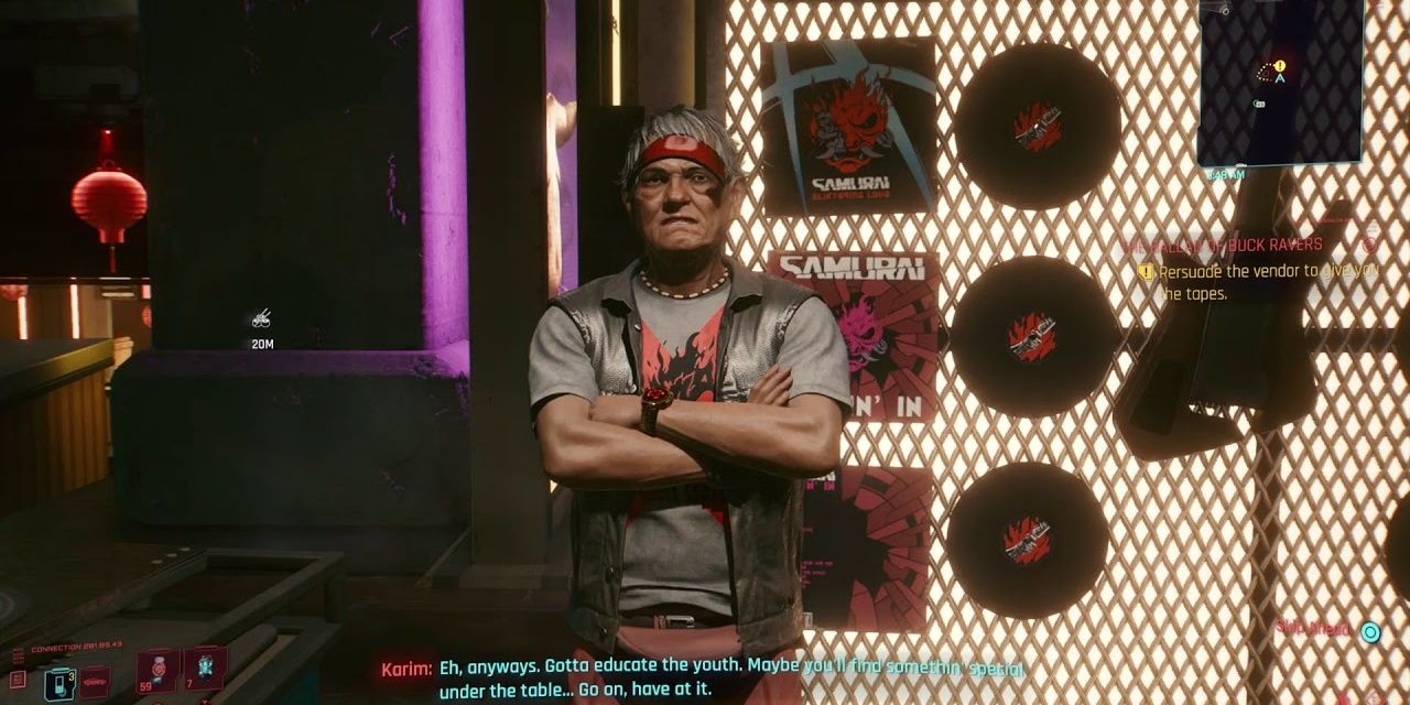 Karim sells Silverhand merchandise in Cyberpunk 2077