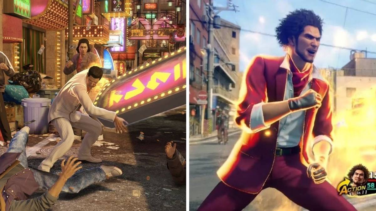 Split image combat screenshots Kazuma Kiryu in Yakuza 0 and Ichiban Kasuga in Yakuza Like a Dragon