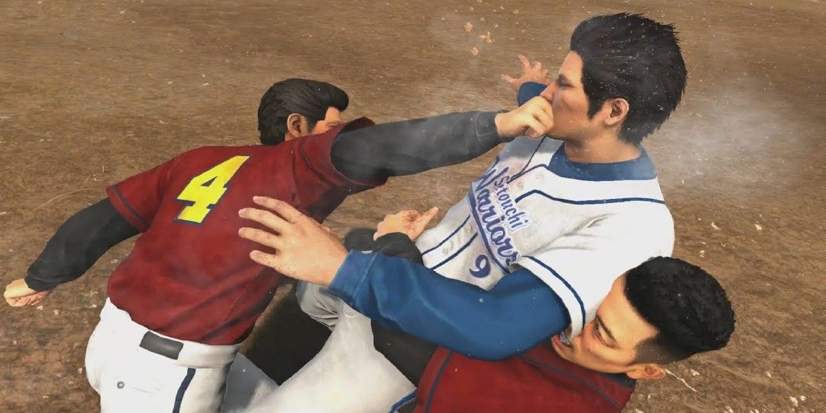 Kazuma Kiryu fighting in a baseball uniform in Yakuza 6