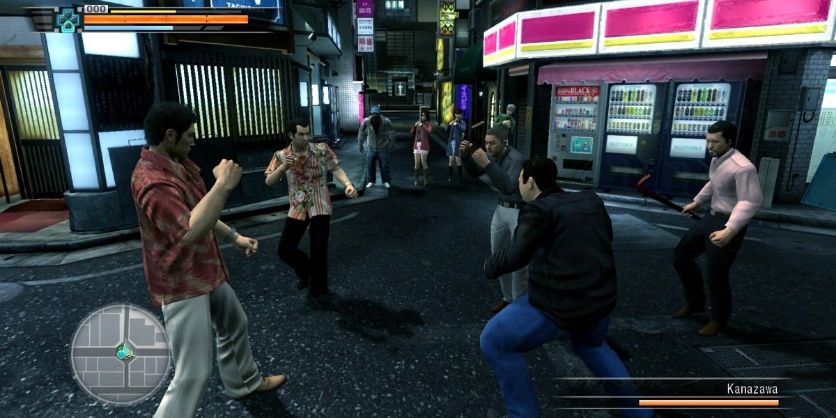 Kazuma Kiryu in a street fight in Yakuza 3