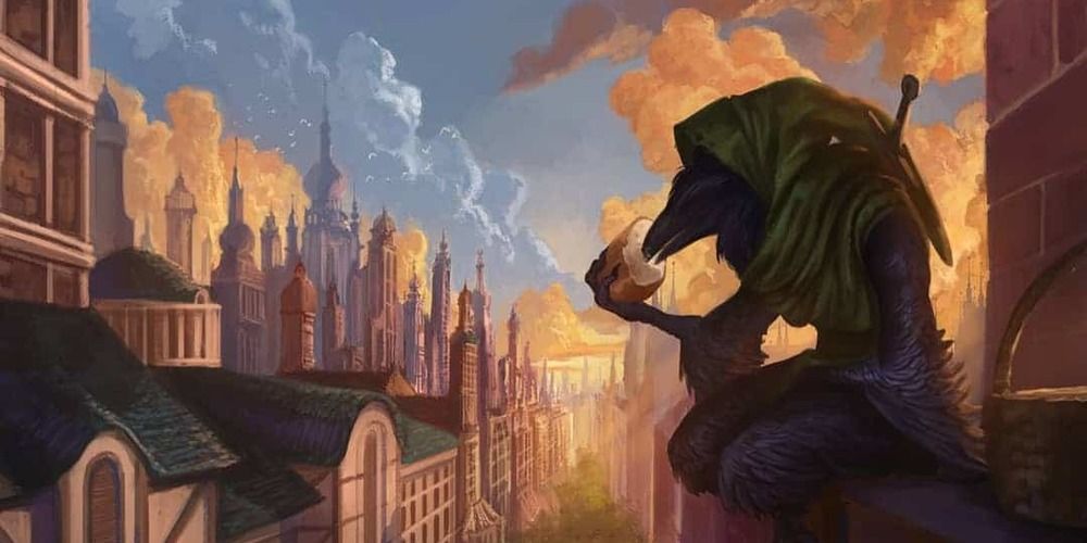Kenku sitting on a rooftop eating bread, cityscape official art Volo's Guide to Monsters via Wizards of the Swrord Coast