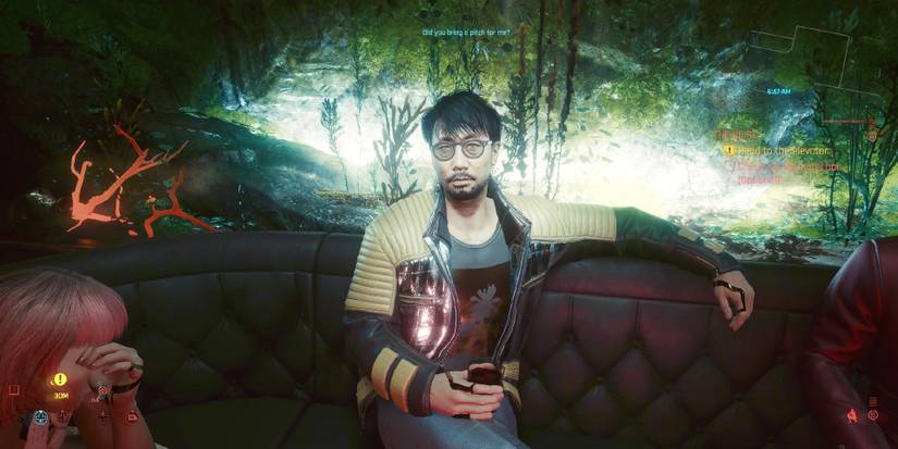 Hideo Kojima lounges in Arasaka's bar in Cyberpunk 2077