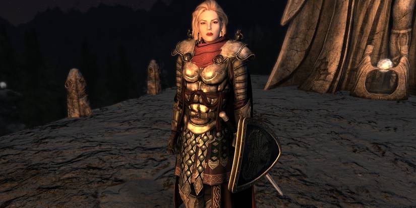 Livia Salvian by Miroslav Yegorov in modded armor standing outside Meridia's Temple in Skyrim