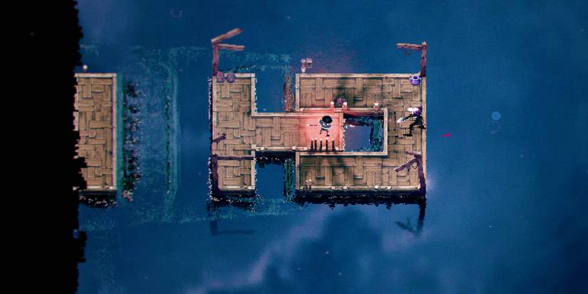 Two moving platforms fit together in a river