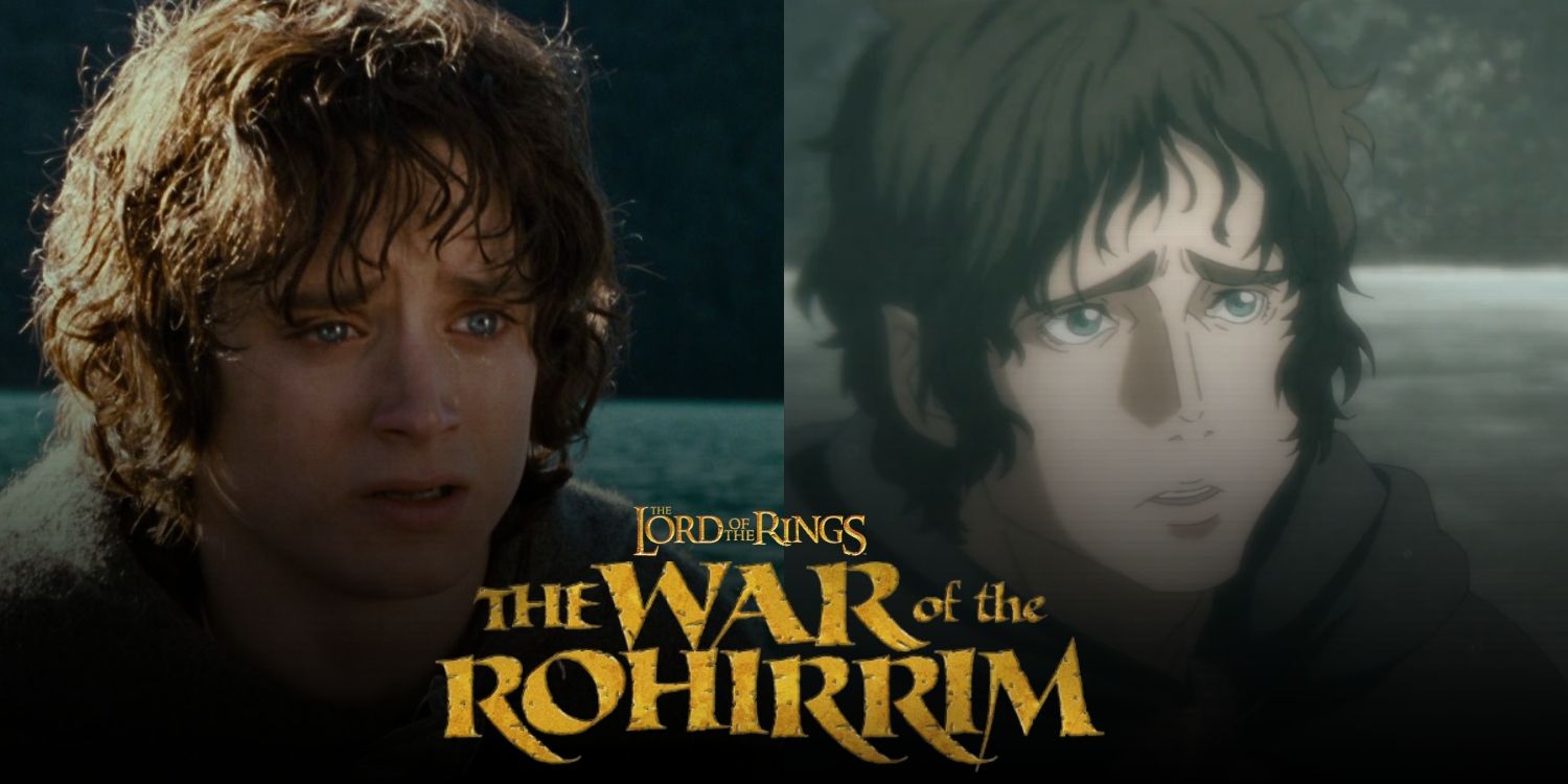 Left: Frodo sailing west with Sam in a scene from The Fellowship of the Ring. Right: A scene from the anime series Jujutsu Kaisen parodying this scene. Superimposed: The logo of the anime film 'The Lord of the Rings: The War of the Rohirrim