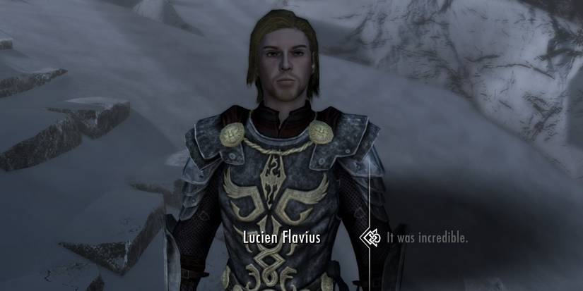 Lucien by JosephRussell stands on a snowy Skyrim Mountain