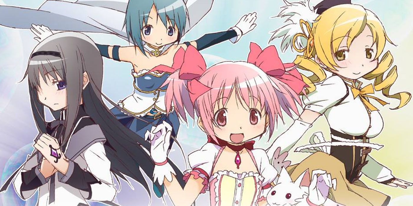Puella Magi Madoka Magica main characters from left to right: Homura Akemi, Sayaka Miki, Madoka Kaname, and Mami Tomoe.