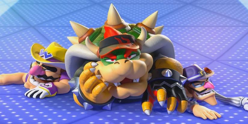 A story cutscene featuring multiple characters from Mario Golf Super Rush