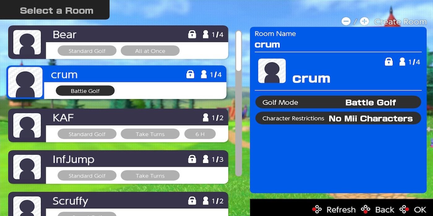 The online lobby from Mario Golf Super Rush