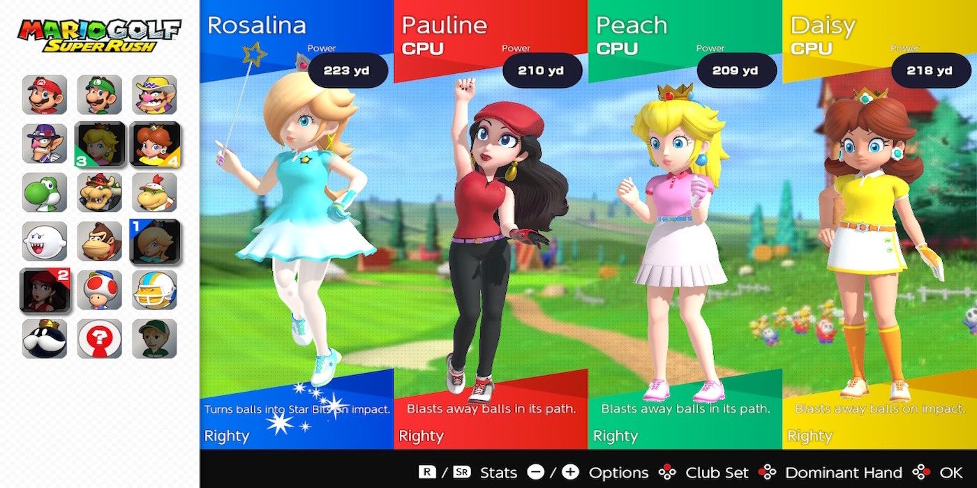 The character select screen from Mario Golf Super Rush