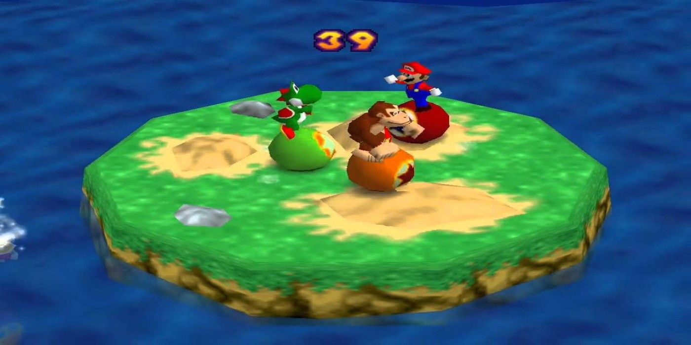 Mario Party 2 Bumper Balls players facing off on hilly platform