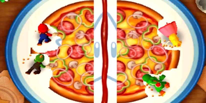 Mario Party 3 Eatsa Pizza four players eating giant pizza