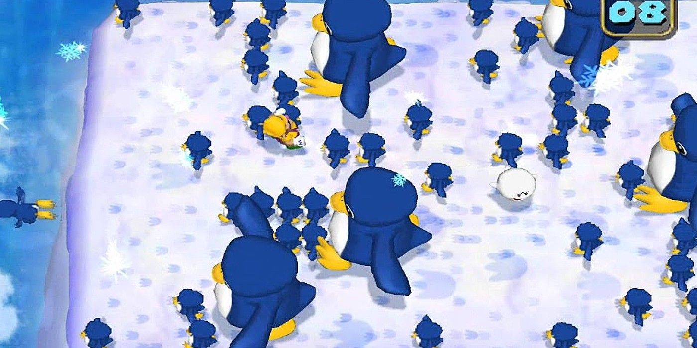 Mario Party 5 Pushy Penguins minigame penguins rushing in a flock