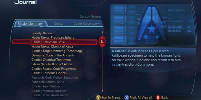 Side quests menu brought up in mass effect 3