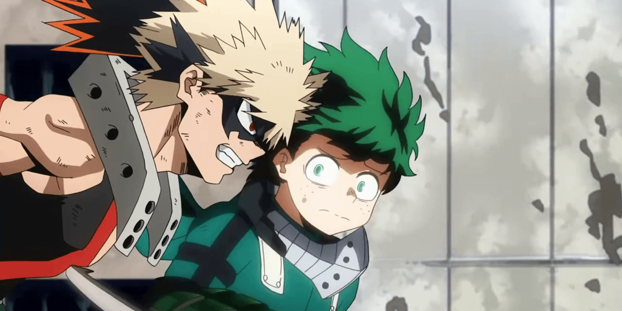 Bakugo and Midoriya in the middle of a fight