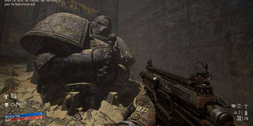 A Player With A Striker Beholds A Ruined Space Marine Statue In Necromunda: Hired Gun