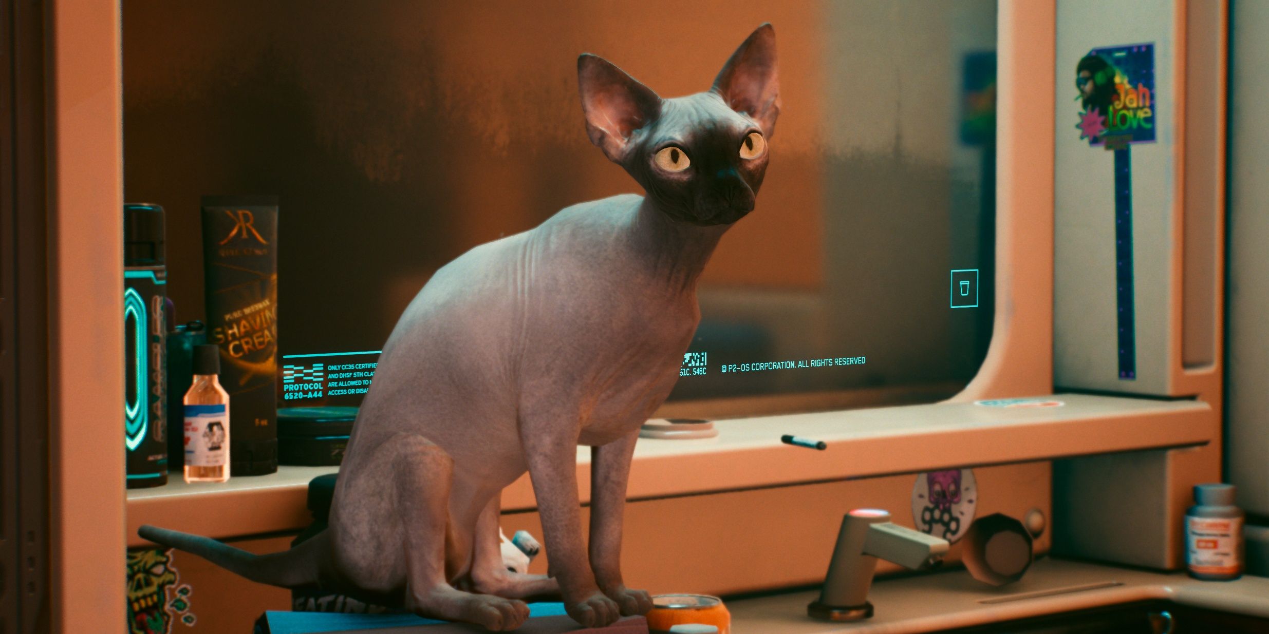 Nibbles the cat sits in V's apartment in Cyberpunk 2077