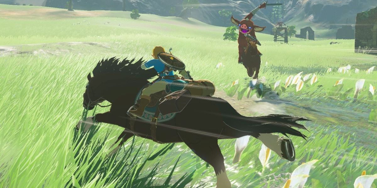 Link riding horse past enemy.