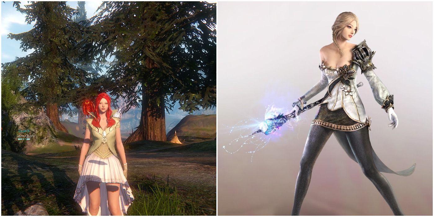 Riders Of Icarus Side By Side Female Priest Standing In Forest And Female Priest Holding Staff With Blue Energy