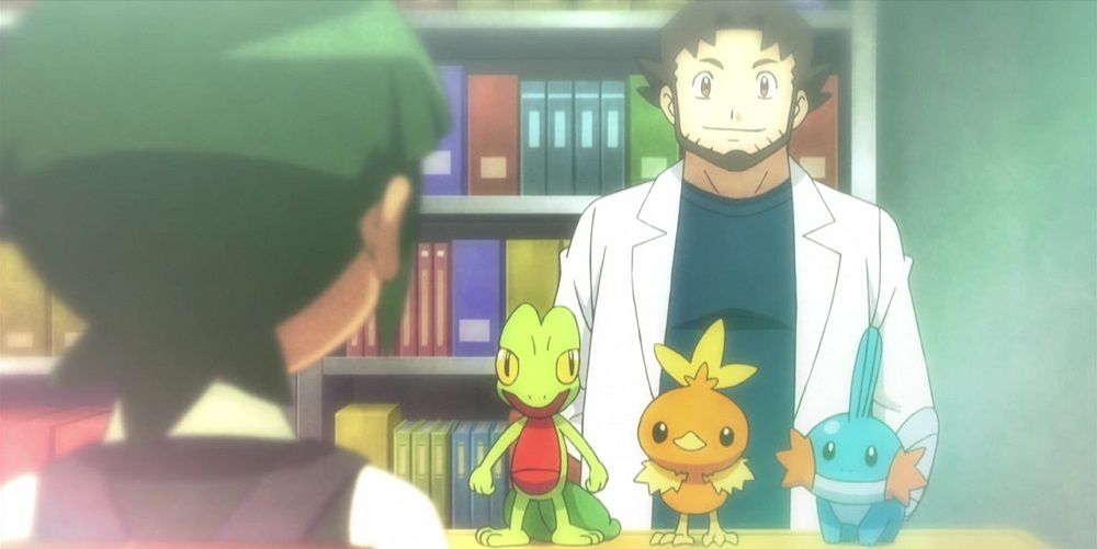 Professor Birch Next To The Gen III Starters