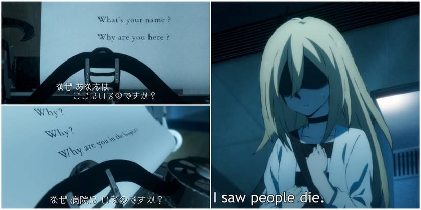 2 images of a typewriter asking Rachel Gardner questions, Rachel saying she saw people die