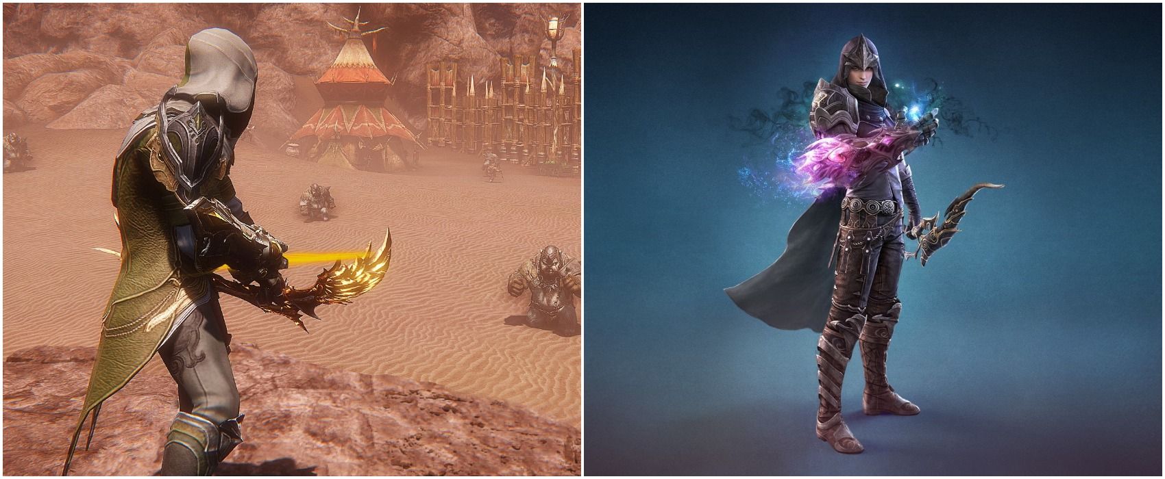 Riders Of Icarus Side By Side Male Ranger Standing In Desert Holding Bow And Male Ranger Channeling Purple Chaos Magic With Bow in Other Hand