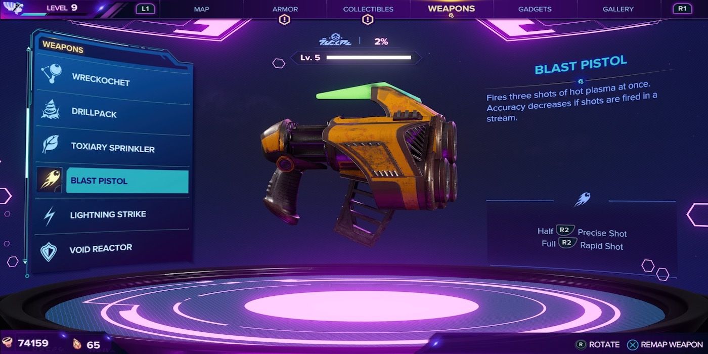 The Blast Pistol weapon from Ratchet and Clank: Rift Apart