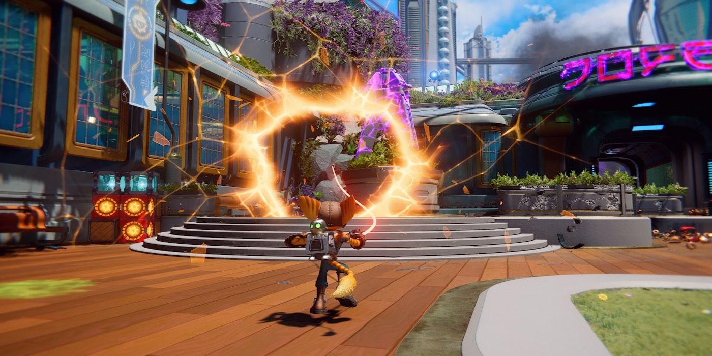 Fighting enemies in Ratchet and Clank: Rift Apart