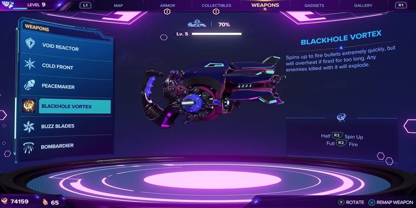 The Blackhole Vortex weapon from Ratchet and Clank: Rift Apart