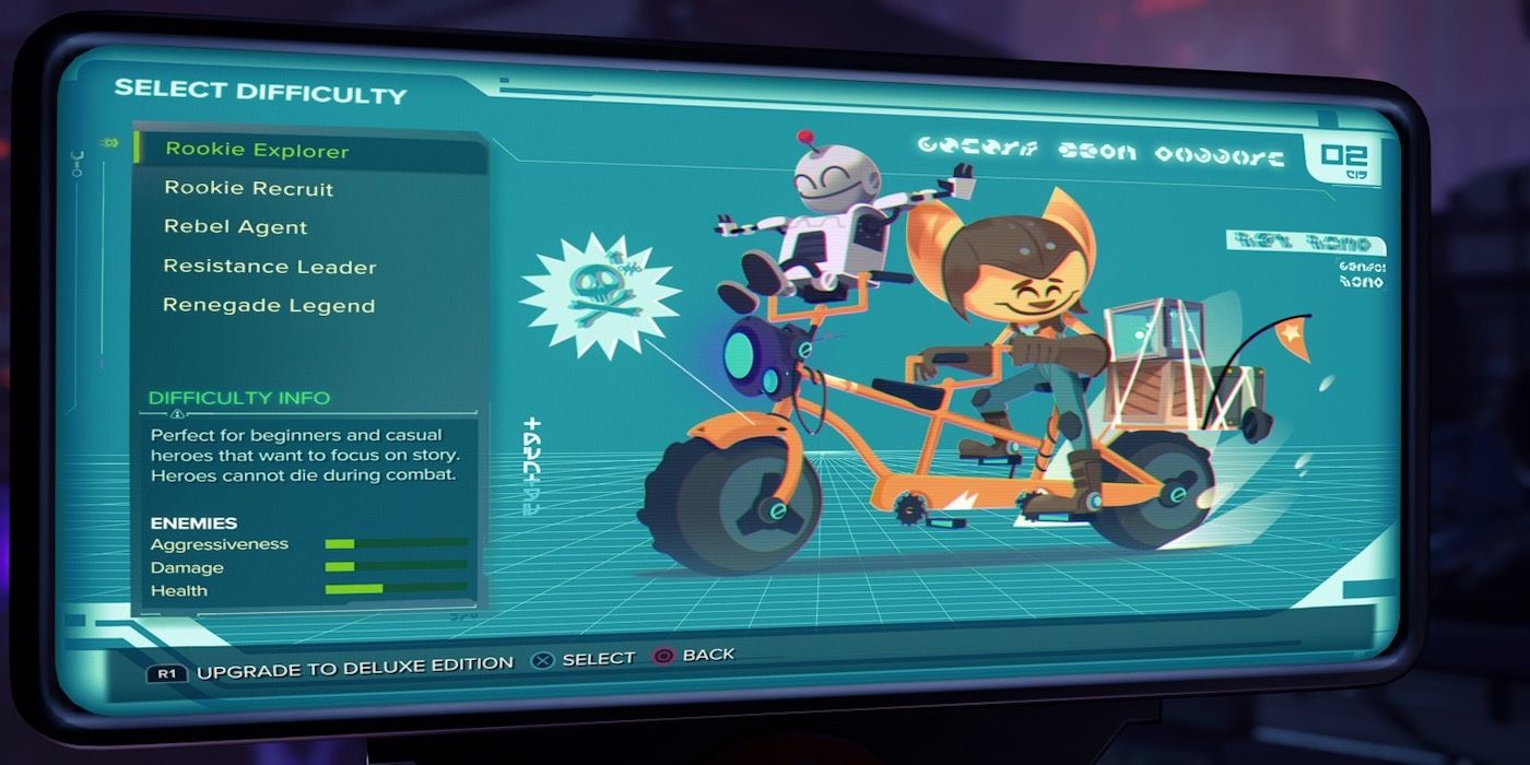 The difficulty menu from Ratchet and Clank: Rift Apart