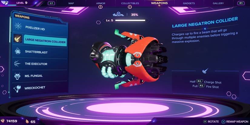 The Large Negatron Collider weapon from Ratchet and Clank: Rift Apart