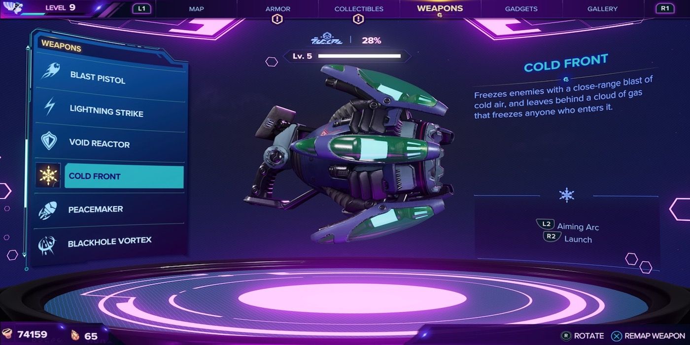 The Cold Front weapon from Ratchet and Clank: Rift Apart