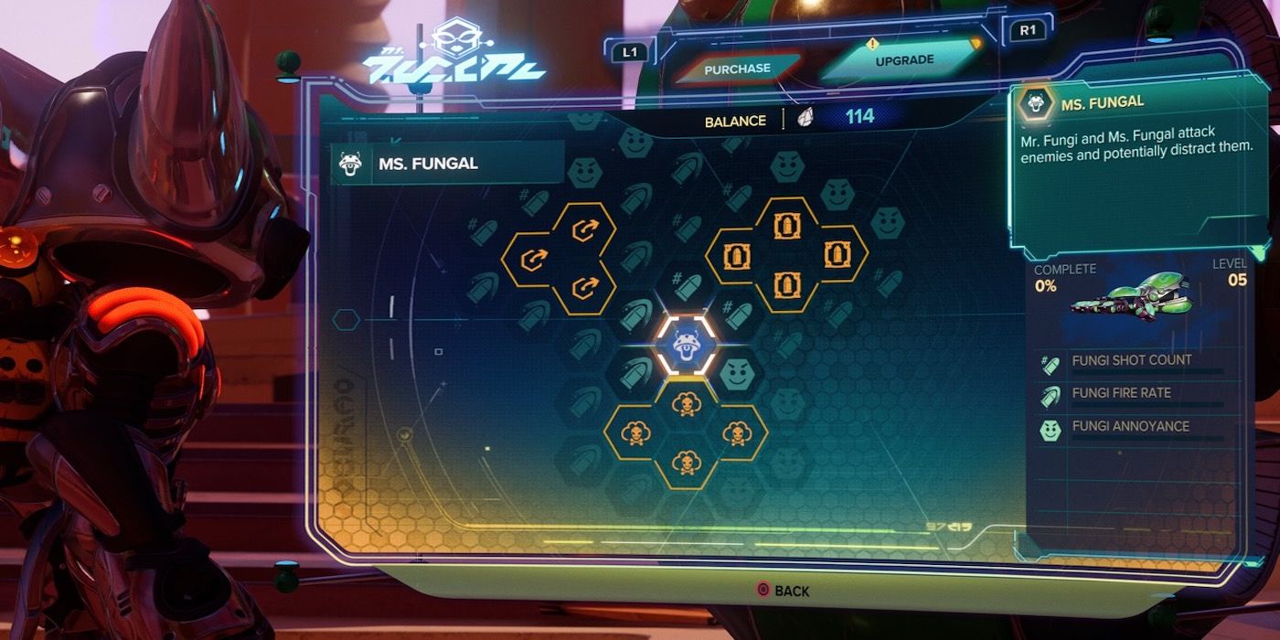 The upgrade menu from Ratchet and Clank: Rift Apart