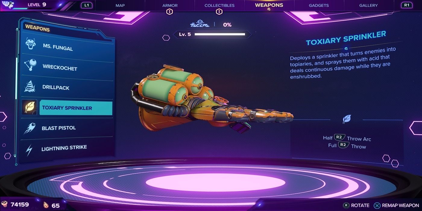 The Toxiary Sprinkler weapon from Ratchet and Clank: Rift Apart