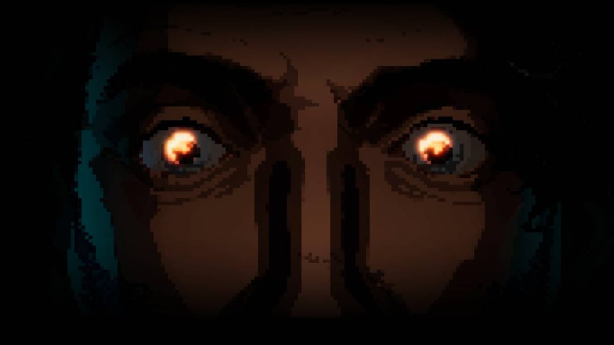 A man opens his eyes and they glow yellow