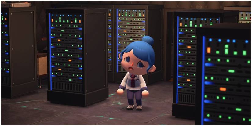 Girl with blue hair sighs in server room Animal Crossing New Horizons
