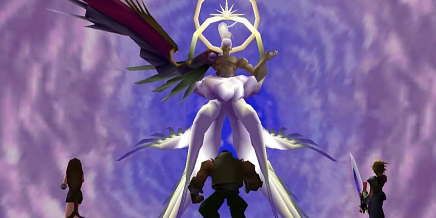 Tifa, Barret, and Cloud battle Safter-Sephiroth in Final Fantasy 7