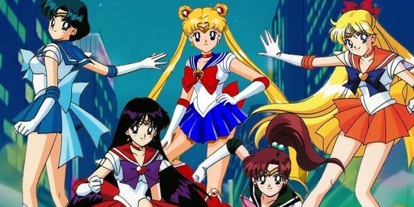 The Sailor Senshi from left to right: Sailor Mercury, Sailor Mars, Sailor Moon, Sailor Jupiter, and Sailor Venus.