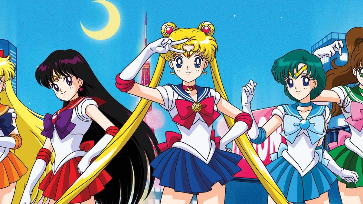 The Sailor Senshi, from left to right: Sailor Venus, Sailor Mars, Sailor Moon, Sailor Mercury, and Sailor Jupiter.